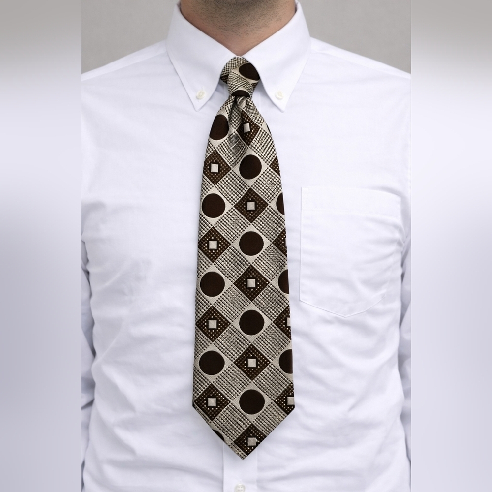 Vtg SEARS 1960s Brown and Silver Circle Atomic Patterned Wide Clip-on Tie